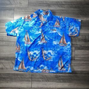 Paradise Found Shirt Mens XXL Blue‎ Sailboats Hawaiian Button Up Beach